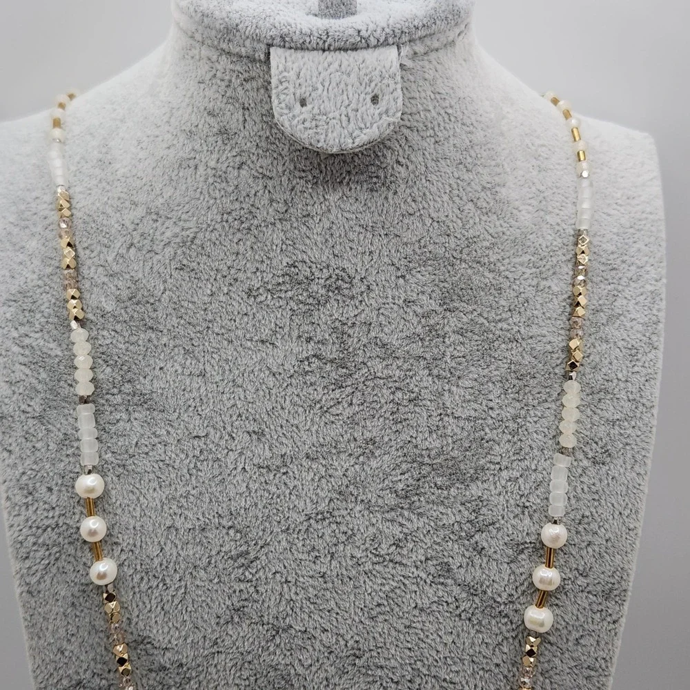 Boho Faceted Glass Bead Faux Pearl Tassel Necklace 28